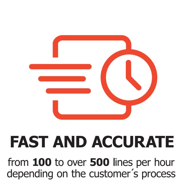 Fast and accurate Agilon warehouse automation picking process! Pictured with a running clock icon: from 100 to over 500 lines per hour depending on customer´s process. Its fast and accurate process